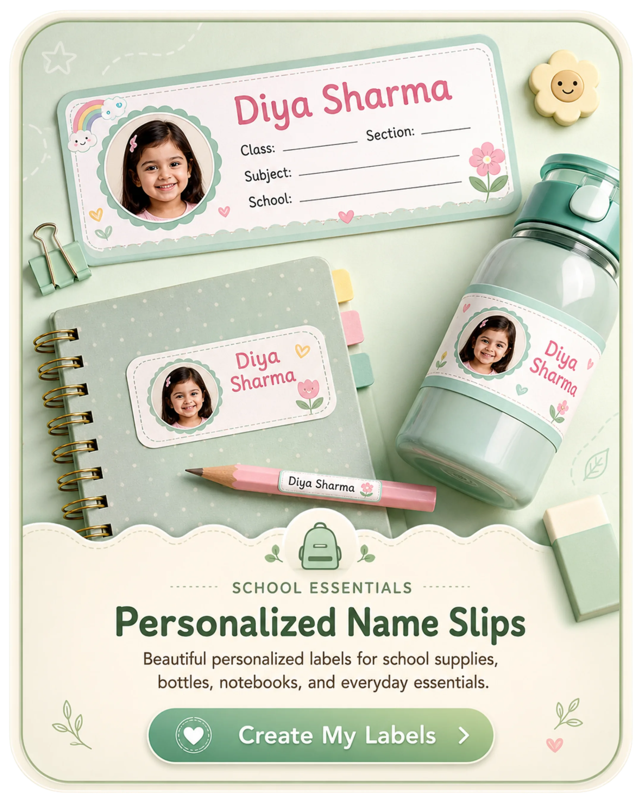 Personalized Name Slips — beautiful personalized labels for school supplies, bottles and notebooks