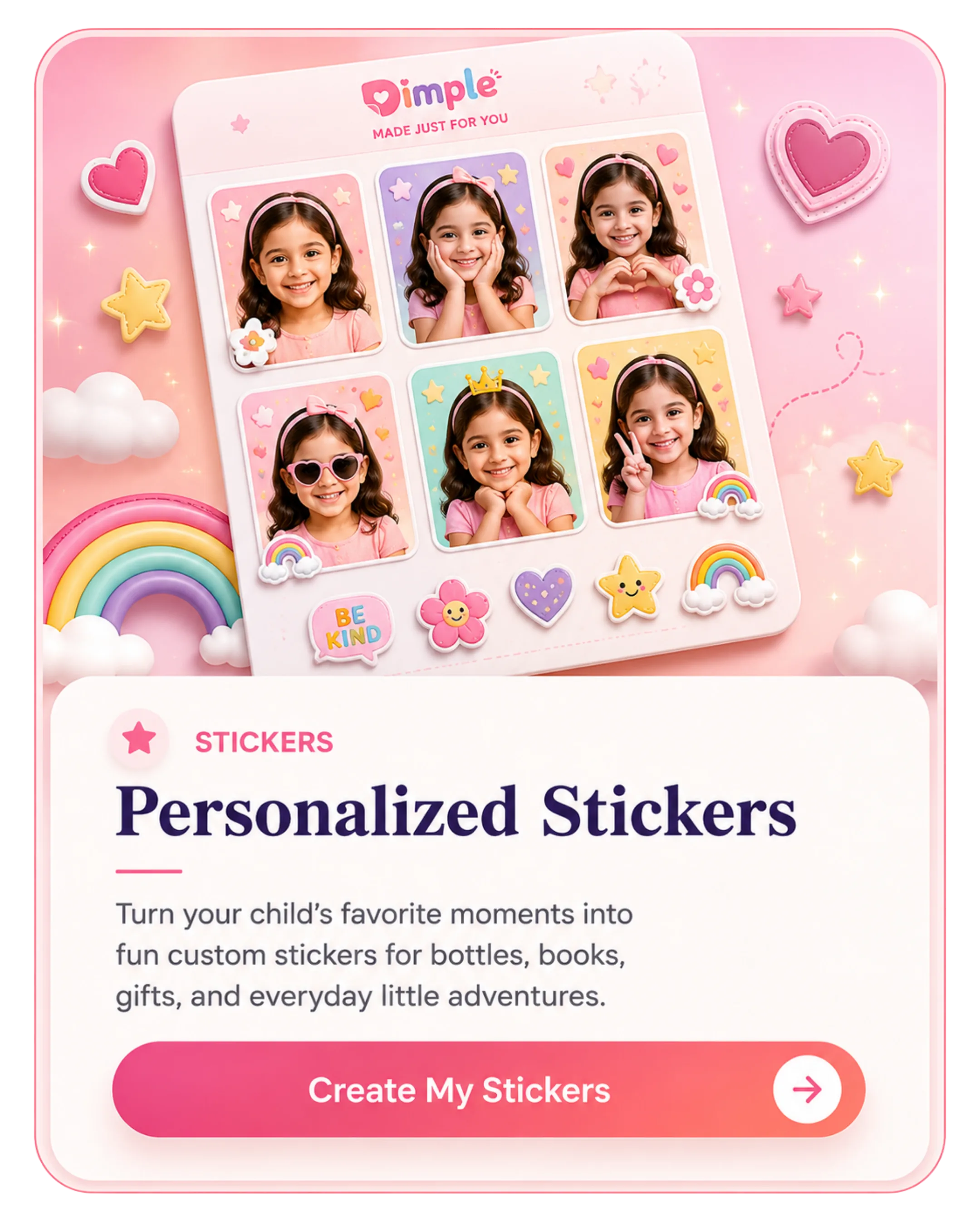 Personalized Stickers — turn your child's favorite moments into fun custom stickers for bottles, books and gifts