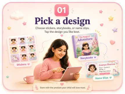 Step 1: Pick a design from stickers, storybooks, or name slips.
