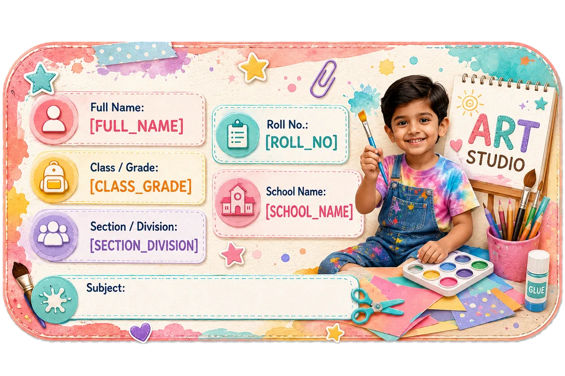 Art Studio personalized school name slip template for kids