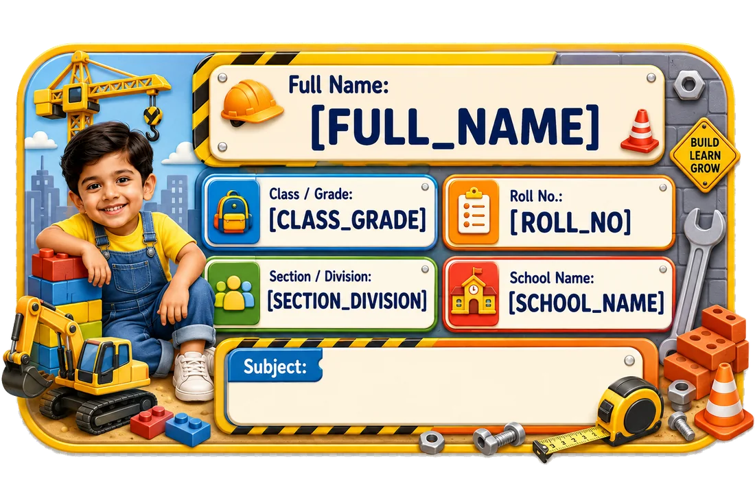 Construction Play personalized school name slip template for kids