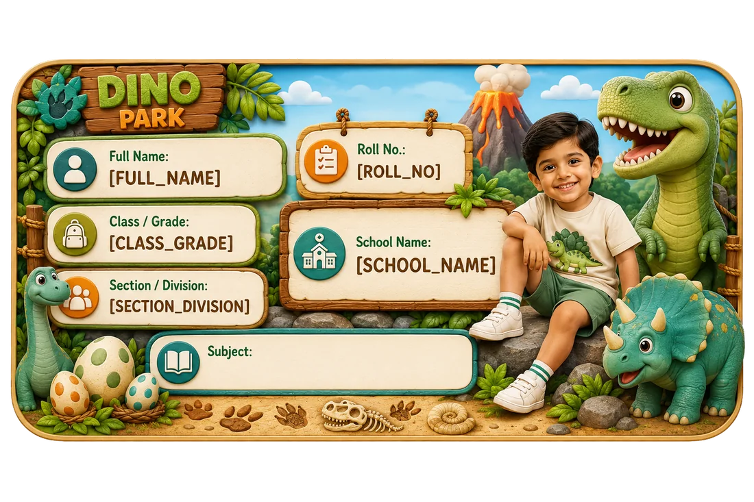 Dino Park personalized school name slip template for kids
