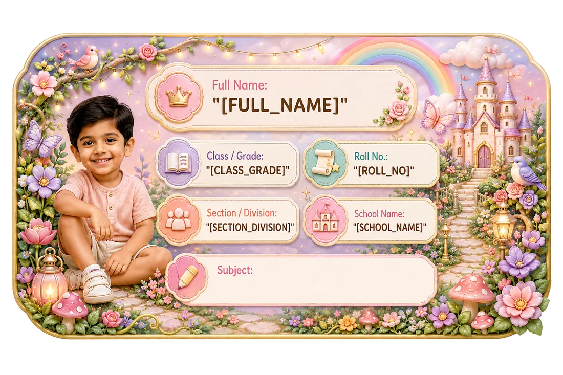 Fairytale Garden personalized school name slip template for kids