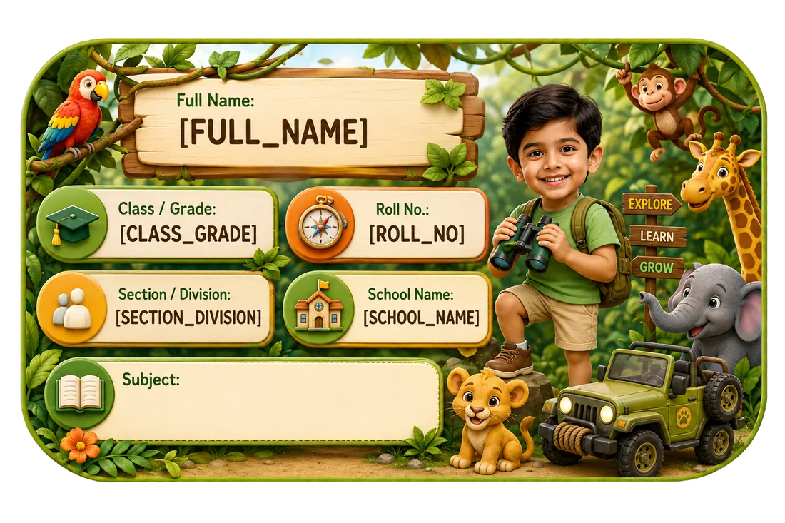 Jungle Explorer personalized school name slip template for kids