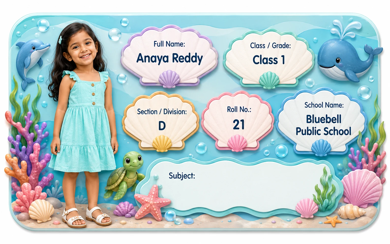 Ocean Friends 2 personalized school name slip template for kids