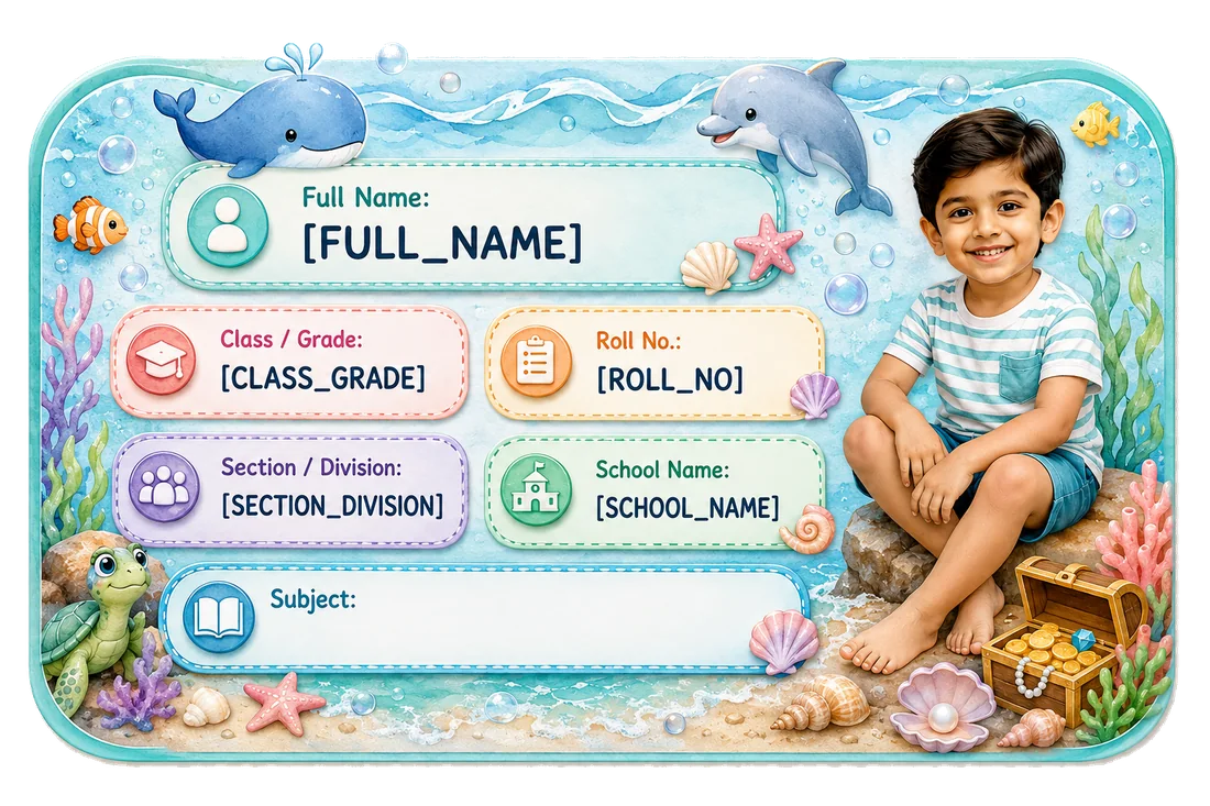 Ocean Friends personalized school name slip template for kids