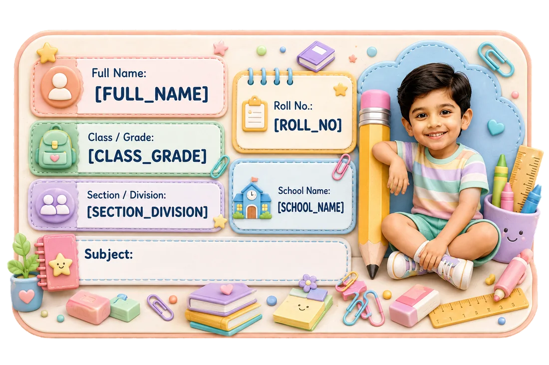 Pastel School Supplies personalized school name slip template for kids