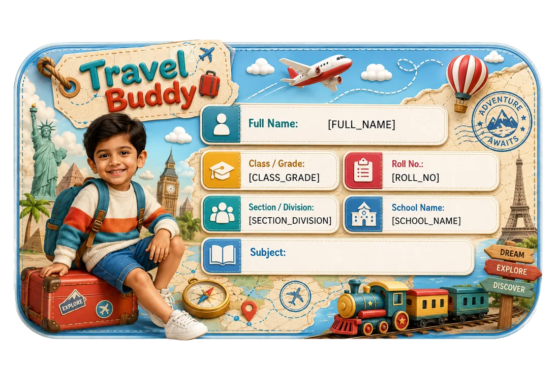 Travel Buddy personalized school name slip template for kids